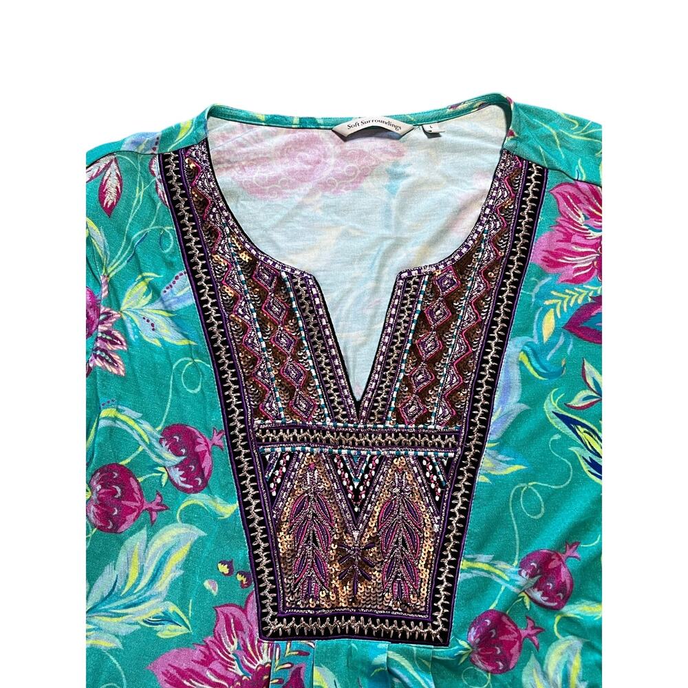 Soft Surroundings Maddalena Tunic Teal Floral Sequin Embroidered Top | Size L - Picture 4 of 8